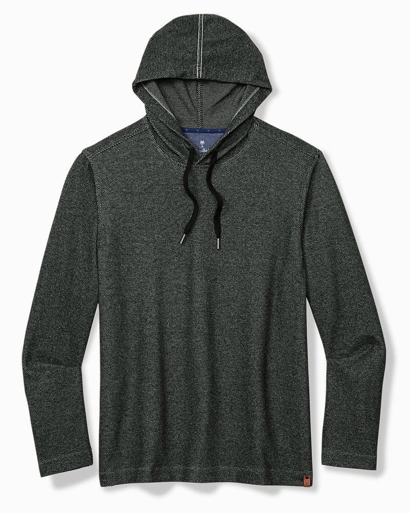 Black long-sleeved Tommy Bahama Fireside Coast Hoodie Big & Tall with a hood and drawstring.