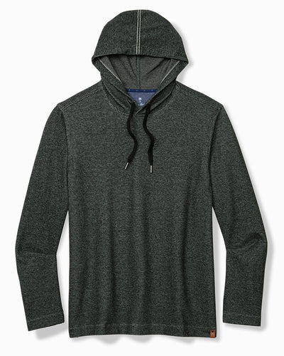 Black long-sleeved Tommy Bahama Fireside Coast Hoodie Big & Tall with a hood and drawstring.