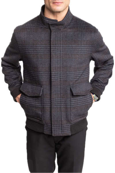Hart Schaffner Marx Genesee Plaid Wool Jacket in a grey and black wool-blend with a stand collar, ribbed cuffs, and two front flap pockets.
