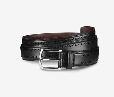 The Allen Edmonds Manistee Belt by Allen Edmonds is crafted from vegetable-tanned black leather with brogue detailing and a silver buckle, shown coiled on a plain white background.