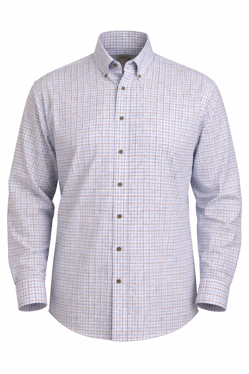 The F/X Fusion Big & Tall Men's Check Sport Shirt by F/X Fusion features a blue and tan plaid pattern, long sleeves, 100% cotton fabric, a button-down collar, and brown buttons.