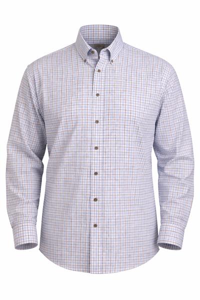 The F/X Fusion Big & Tall Men's Check Sport Shirt by F/X Fusion features a blue and tan plaid pattern, long sleeves, 100% cotton fabric, a button-down collar, and brown buttons.