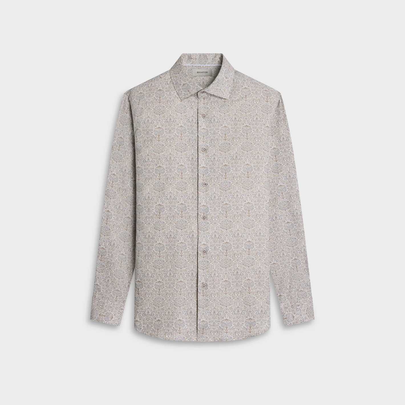 The Bugatchi Axel Paisley Sport Shirt (KS3132L40S) by Bugatchi is a long-sleeve button-up Italian cotton shirt featuring a subtle beige and white paisley floral print, displayed against a plain white background.