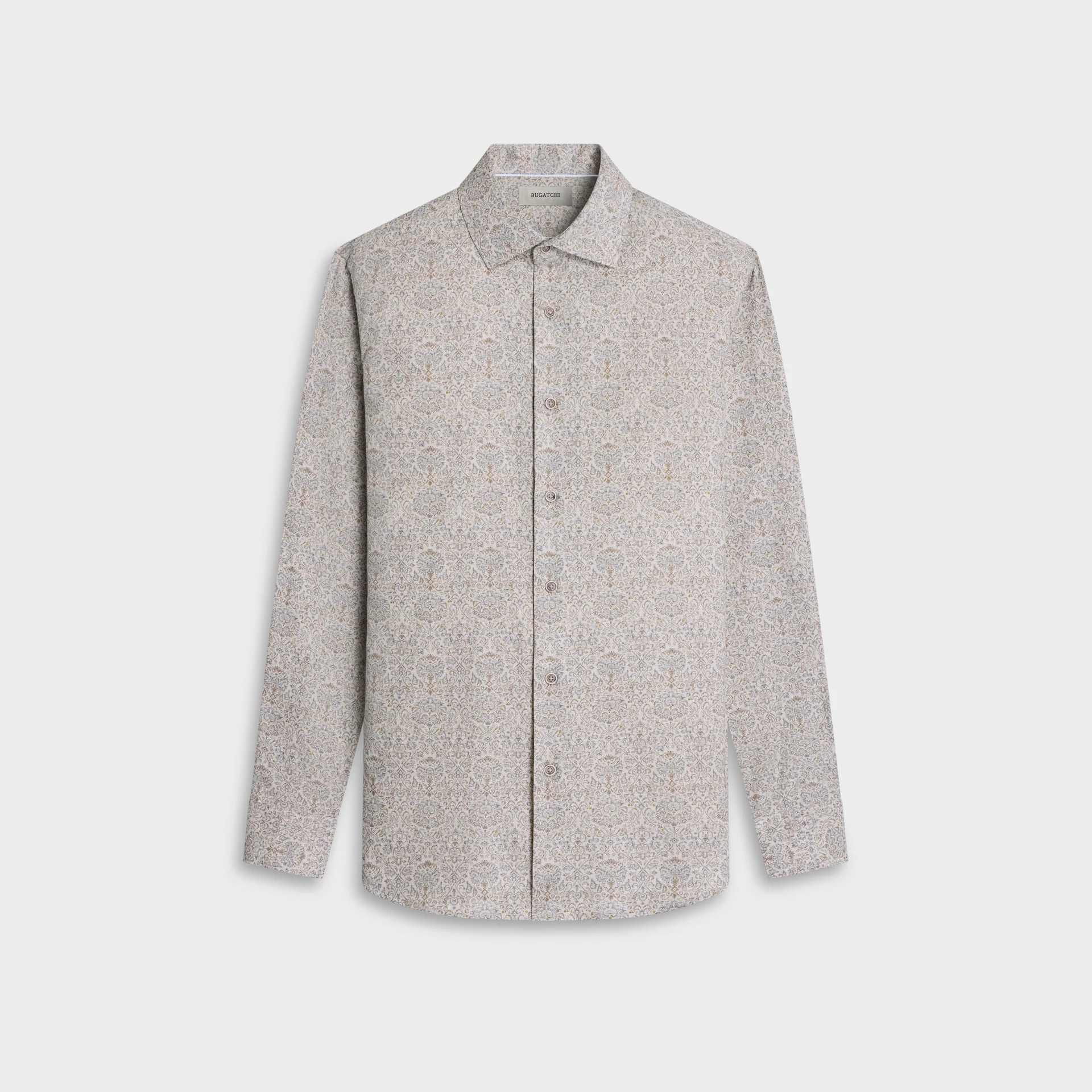 The Bugatchi Axel Paisley Sport Shirt (KS3132L40S) by Bugatchi is a long-sleeve button-up Italian cotton shirt featuring a subtle beige and white paisley floral print, displayed against a plain white background.