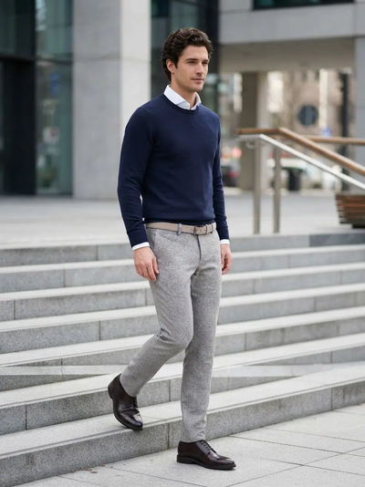 A man in a navy crewneck sweater over a white collared shirt, Alberto LOU Italian Wool & Silk Blend Tweed Pants in light grey, and dark brown leather dress shoes walks down outdoor stone steps.