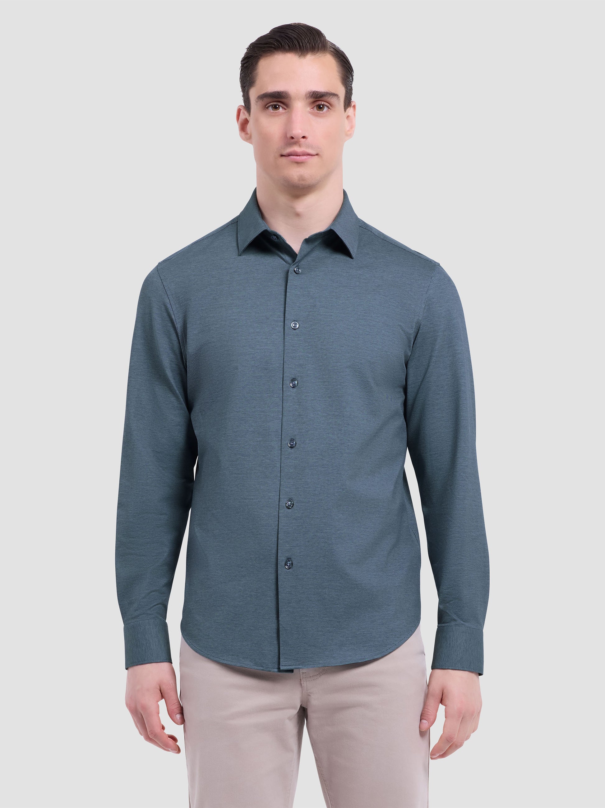 bugatchi dress shirt black pants brown shoes Men's Outfit: White Short Sleeve Shirt, Black Dress Pants, Tobacco Leather Derby Shoes, Black Leather Holdall