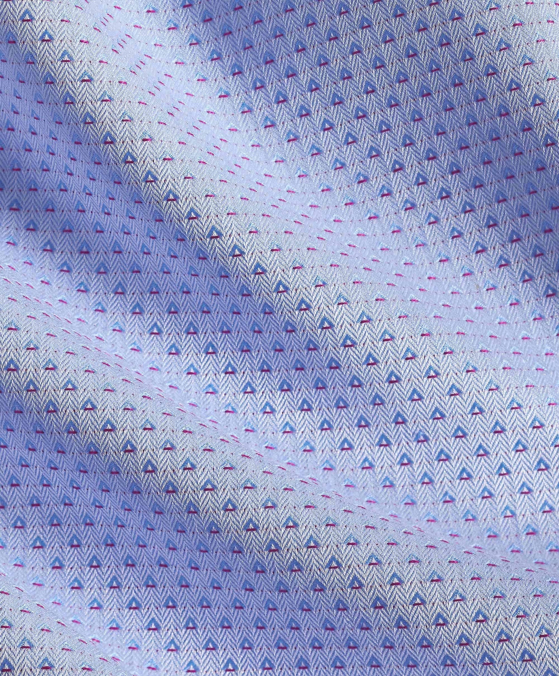 Close-up of the David Donahue OP Dobby Dress Shirt TBSP12004465, showcasing its light blue fabric with a subtle geometric arrow pattern that adds texture and polish—an ideal upgrade for your trim fit dress shirt rotation.