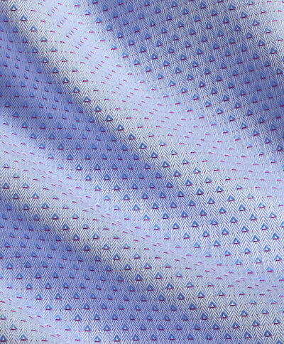 Close-up of the David Donahue OP Dobby Dress Shirt TBSP12004465, showcasing its light blue fabric with a subtle geometric arrow pattern that adds texture and polish—an ideal upgrade for your trim fit dress shirt rotation.