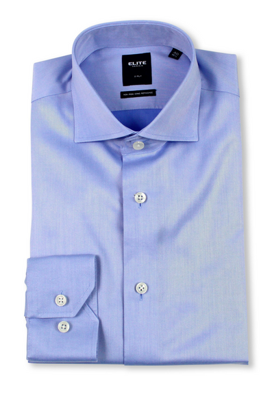 A folded light blue Elite Serica 2-ply non-iron dress shirt with a spread collar and white buttons, displayed on a white background.