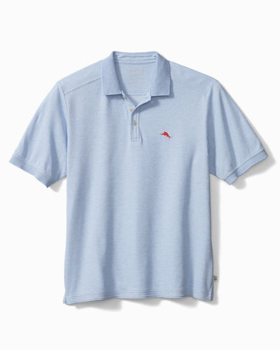The Tommy Bahama Emfielder Polo Big & Tall is a light blue short-sleeve shirt with a collar, three buttons, and a small red logo on the left chest. Made by Tommy Bahama from moisture-wicking fabric for all-day comfort.