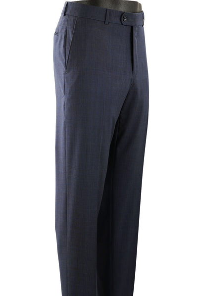 The Ballin M52409 Soho Pant by Ballin features navy blue tropical wool with a subtle check pattern, side pockets, and belt loops, shown here on a mannequin.