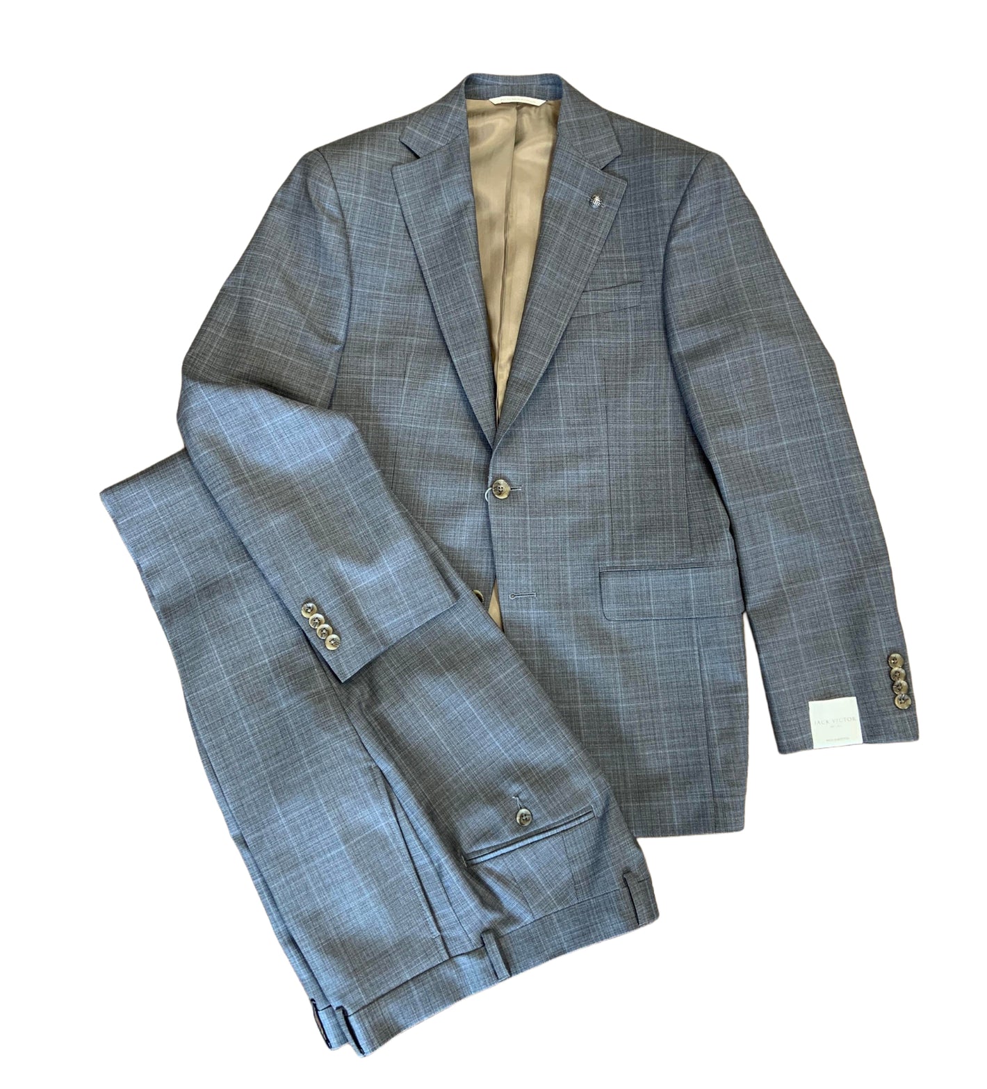 The Jack Victor Napoli Suit 3251466 by Jack Victor is a gray plaid two-piece set with a single-breasted jacket and matching trousers, shown on a white background.