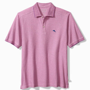 The Tommy Bahama Emfielder Polo Big & Tall is a light purple, short-sleeve Supima cotton polo shirt featuring a collar, two-button placket, and a small blue embroidered logo on the left chest.