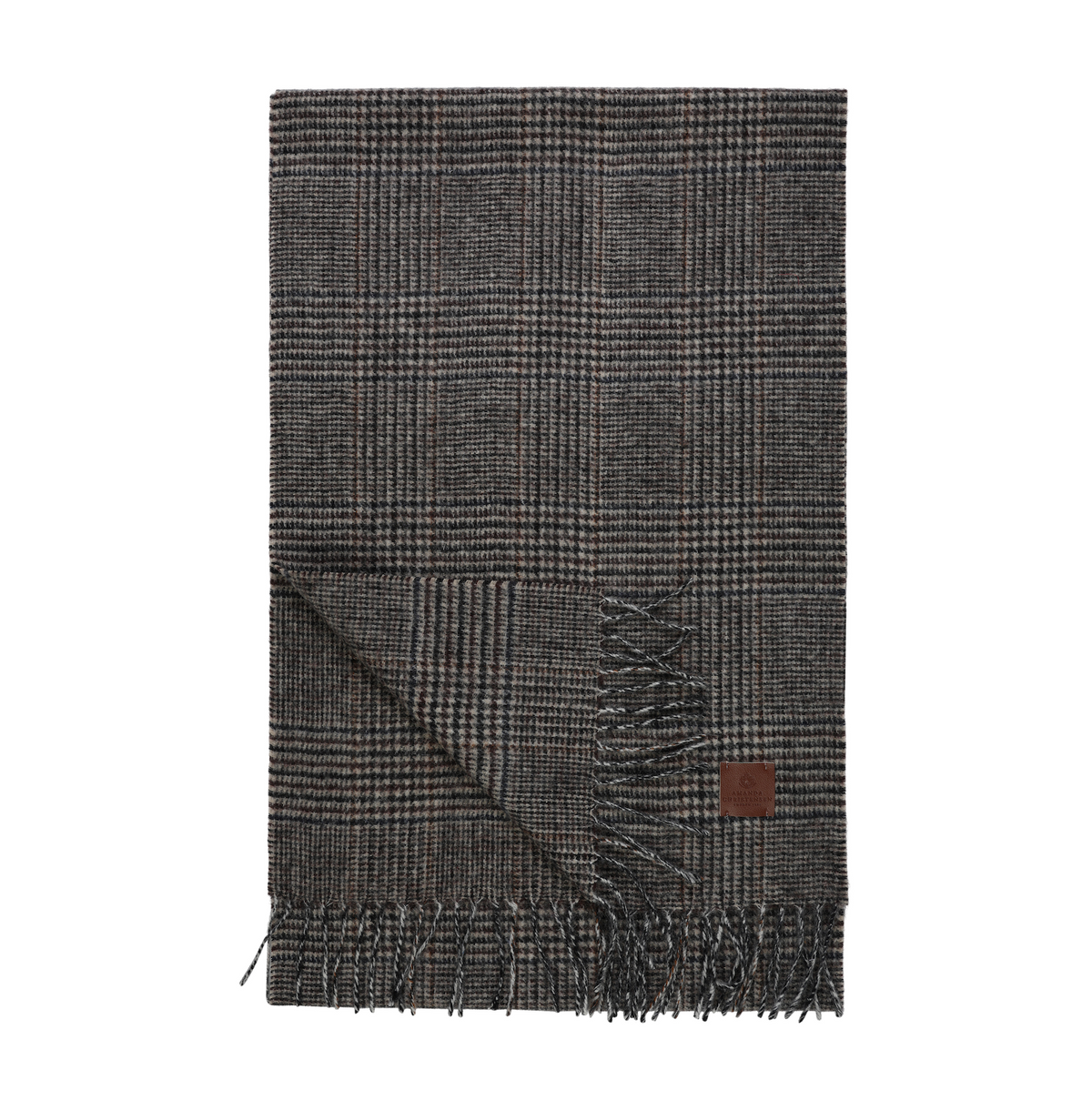 Folded grey and brown herringbone Amanda Christensen Plaid Wool Melange Scarf 440795 with fringed ends and a small leather brand patch.