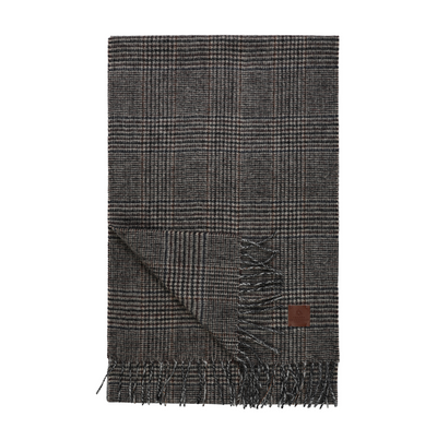 Folded grey and brown herringbone Amanda Christensen Plaid Wool Melange Scarf 440795 with fringed ends and a small leather brand patch.