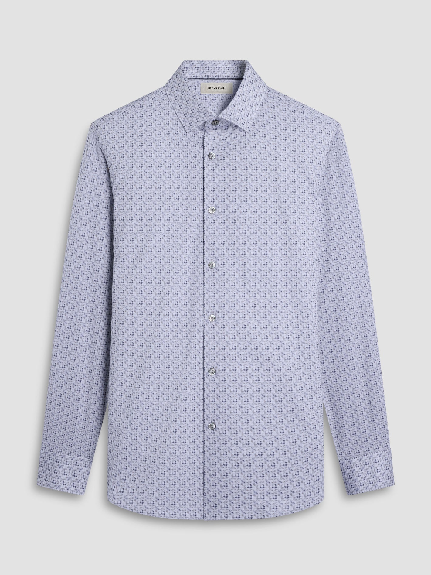 The Bugatchi James Floral Check Sport Shirt HF9051K60 by Bugatchi, featuring a small blue geometric pattern on white, is shown on a plain light gray surface.