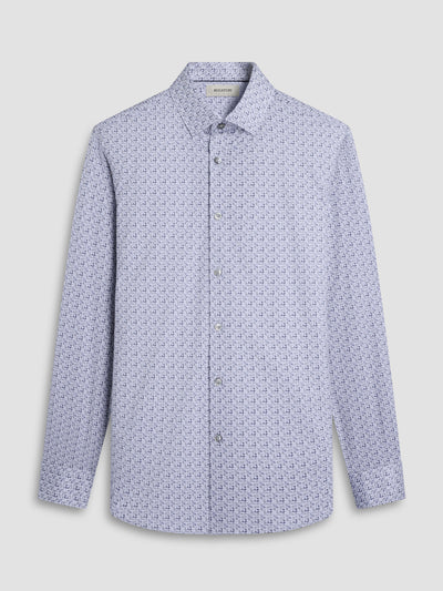 The Bugatchi James Floral Check Sport Shirt HF9051K60 by Bugatchi, featuring a small blue geometric pattern on white, is shown on a plain light gray surface.