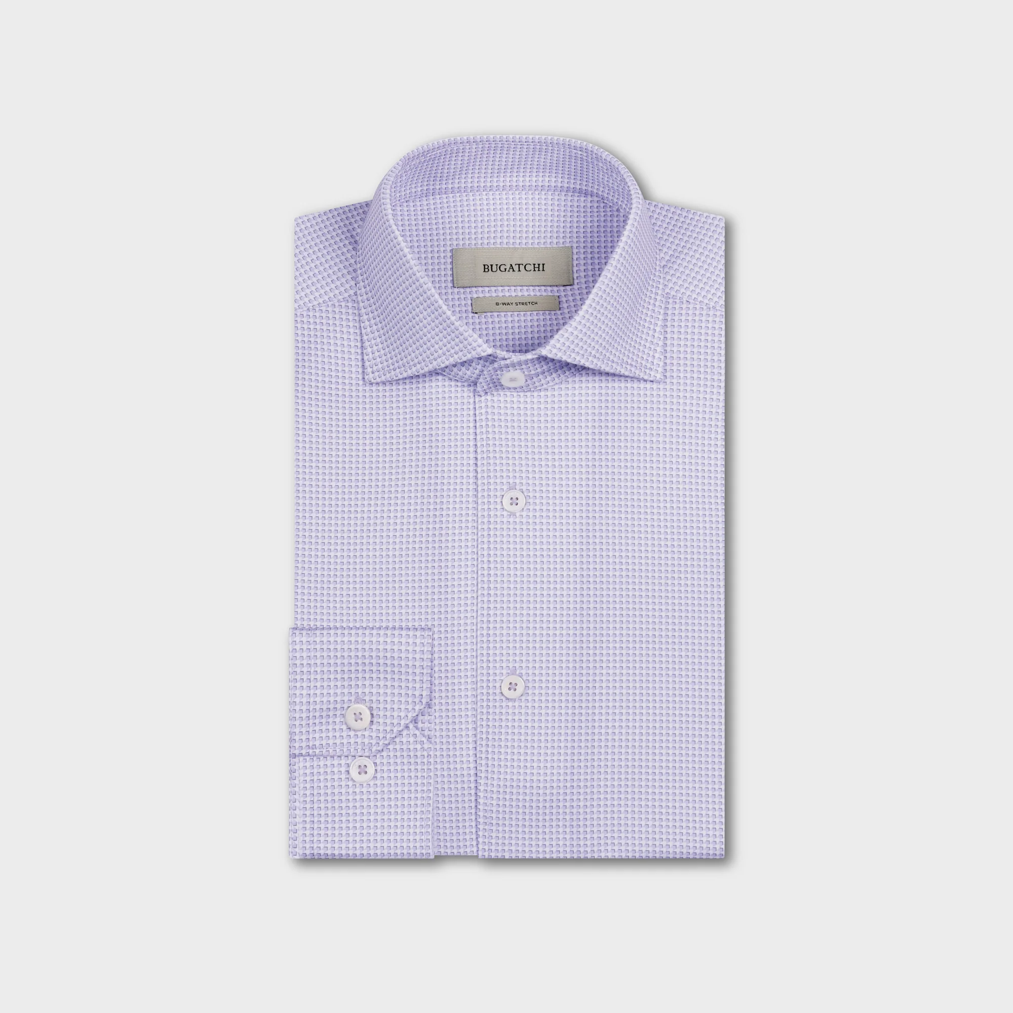 The Bugatchi OP Devon OoohCotton® Geometric Shirt JF9507K80 features a subtle geometric pattern, wrinkle-resistant comfort, and a visible Bugatchi label for a modern yet classic style.