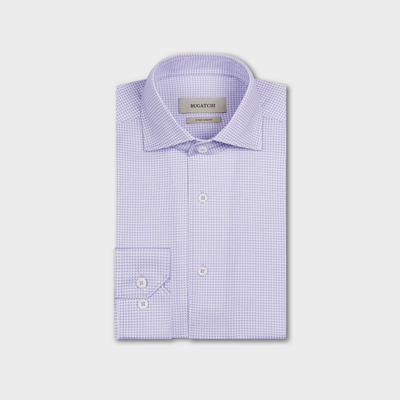 The Bugatchi OP Devon OoohCotton® Geometric Shirt JF9507K80 features a subtle geometric pattern, wrinkle-resistant comfort, and a visible Bugatchi label for a modern yet classic style.