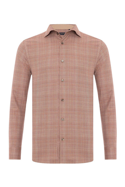 The Garnet Roll Up Collar Shirt Big & Tall 2421009 features long sleeves, a roll-up collar, exposed front buttons, and a muted pink and beige plaid cotton design from Garnet.