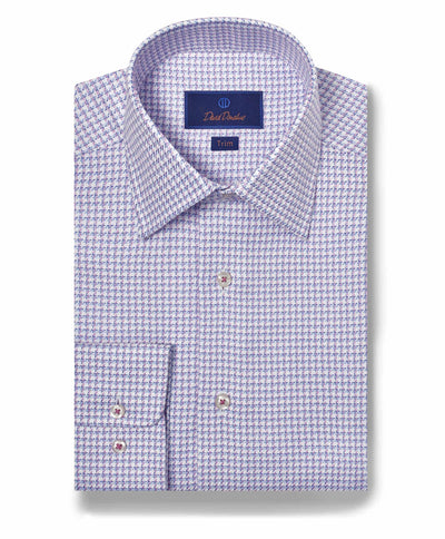 A neatly folded David Donahue Chk TBSP10809464 dress shirt, made of Pima cotton with a small purple and white geometric pattern, spread collar, and barrel cuffs.