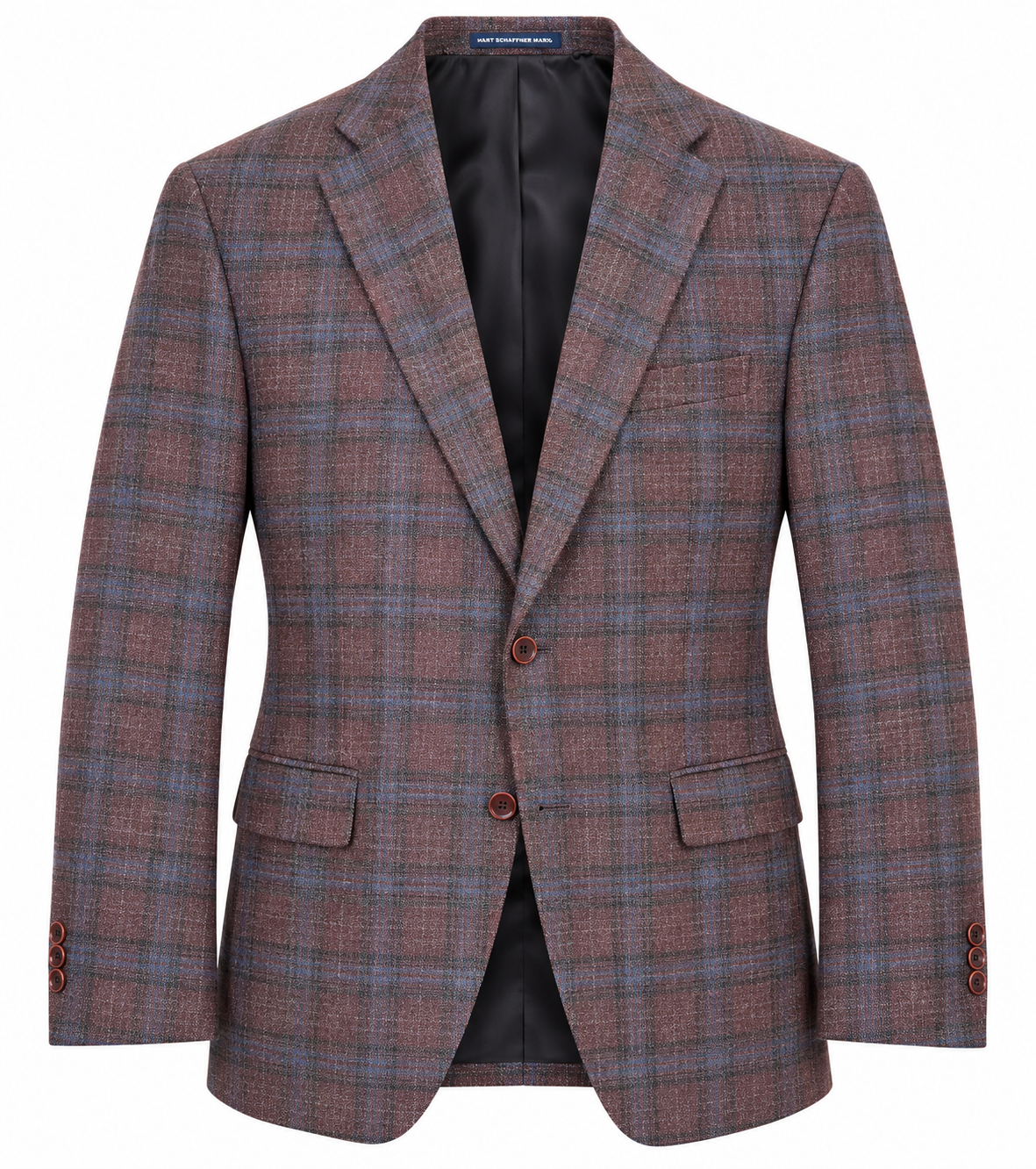 Hart Schaffner Marx New York Burgundy Plaid Sport Coat 35H0128 in maroon and blue plaid Italian fabric with a two-button closure and black lining.
