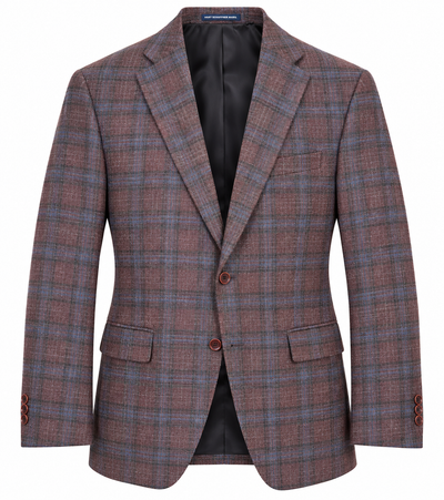 Hart Schaffner Marx New York Burgundy Plaid Sport Coat 35H0128 in maroon and blue plaid Italian fabric with a two-button closure and black lining.