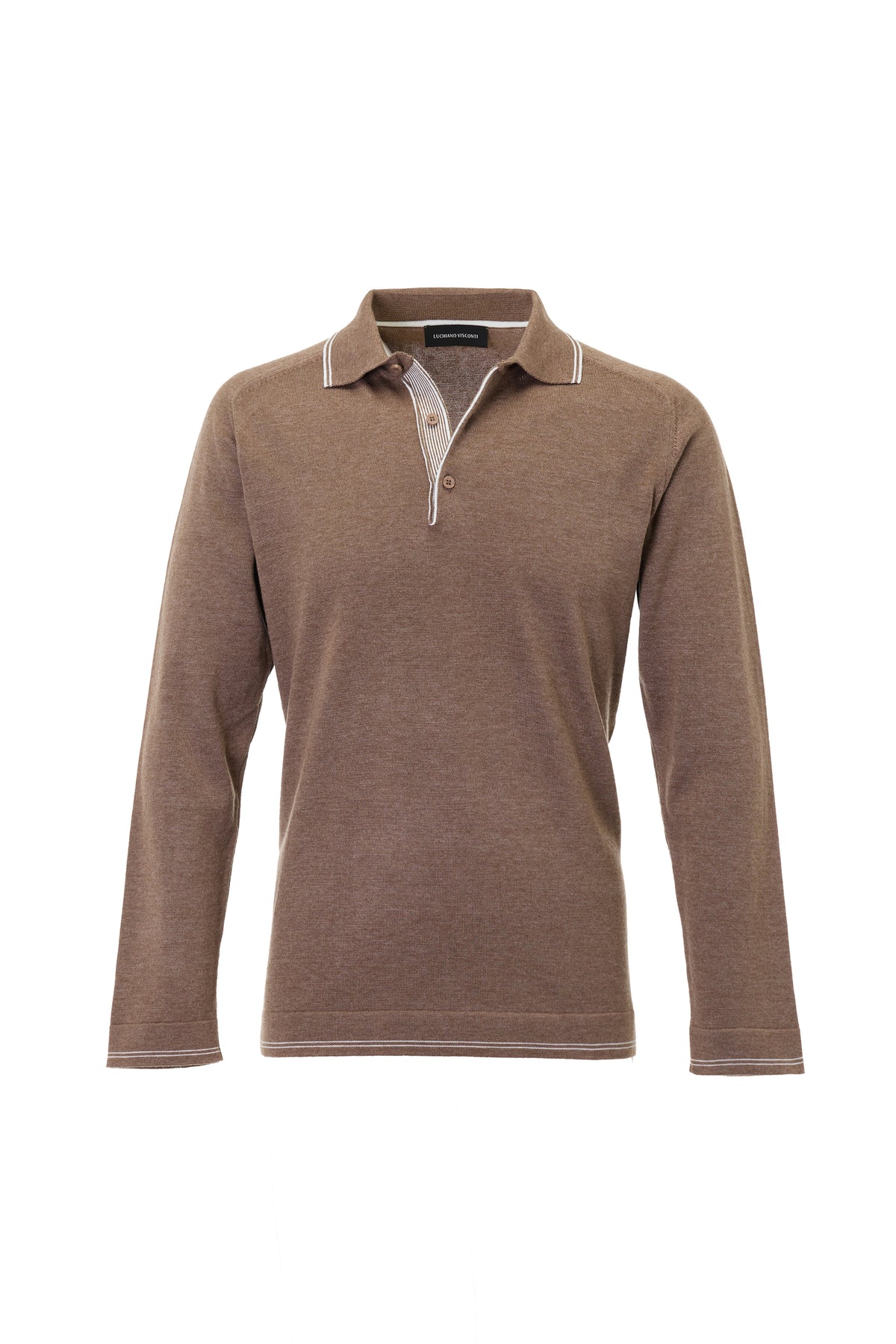 Luchiano Visconti LS Knit Polo Shirt YSWTBP55 in brown, featuring long sleeves, a button placket, white-striped collar trim, and signature Italian craftsmanship.