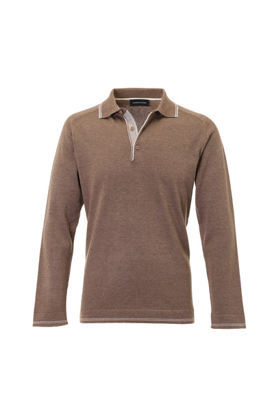 Luciano Visconti Dual-Tone Sartorial Melange Polo Shirt YSWTBP55 in a brown melange knit with white striped trim on the collar, placket, and cuffs.