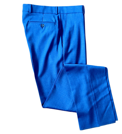 The Ballin Dunhill Pants Big & Tall M5549 by Ballin are men's luxury bright blue Super 120's wool gabardine trousers with Comfort-EZE construction, featuring a single back pocket, shown neatly folded on a white background.