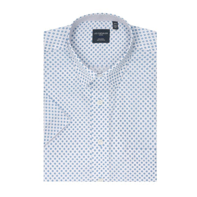 The Viyella Leo Chevalier Big & Tall Sport Shirt Circles 624382 features a blue circle pattern on white, long sleeves, and a Hidden Button Down Collar for a sharp, polished look—crafted for comfort and style.