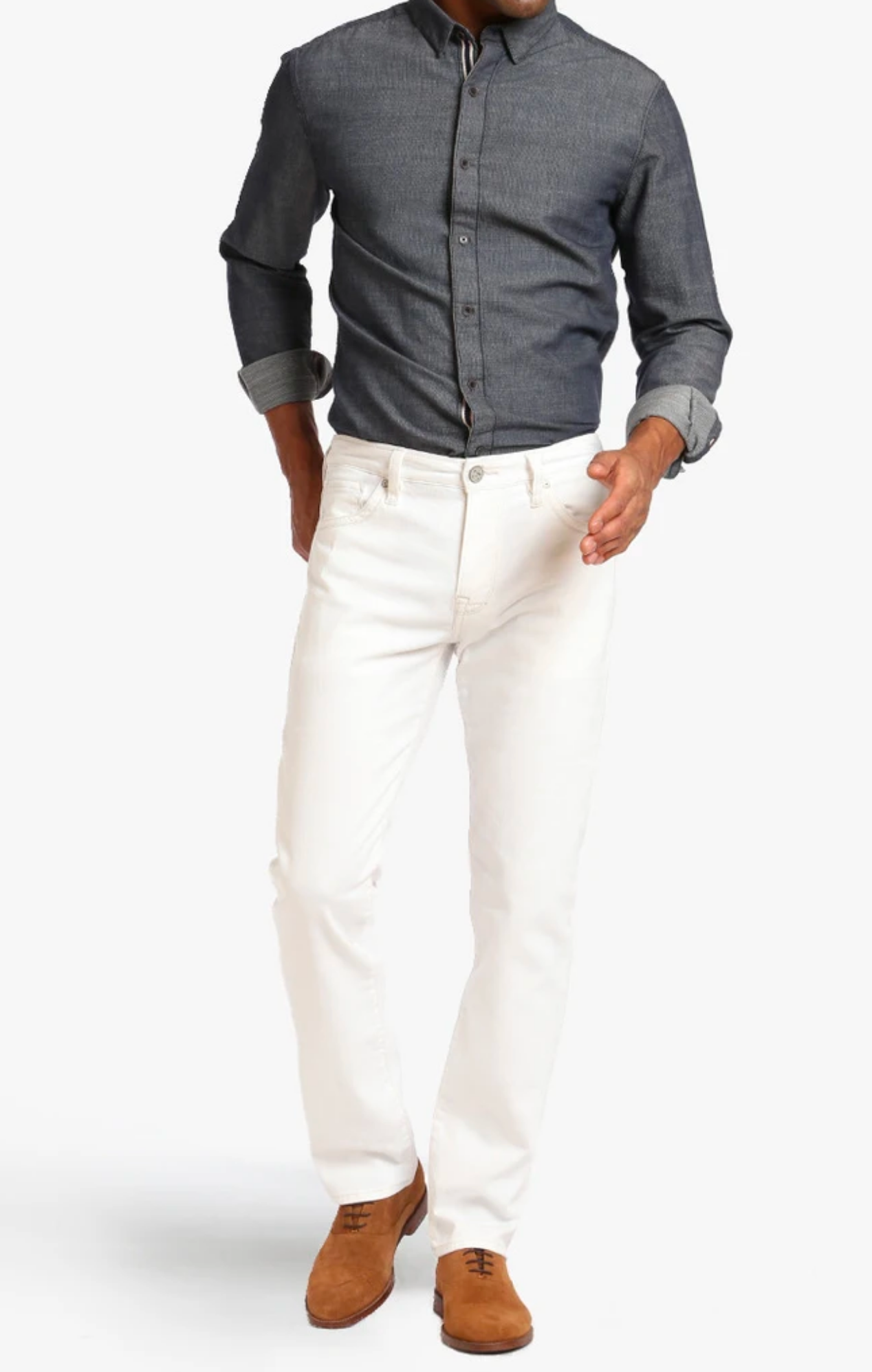 Man in a dark gray long-sleeve button-up shirt and brown suede shoes, wearing 34 Heritage Courage Urban White Denim jeans by 34 Heritage, stands against a white background.