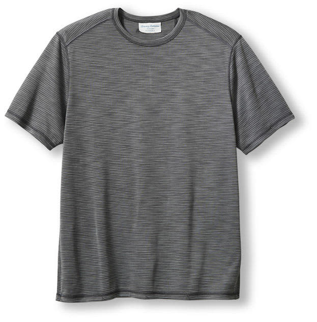 The Tommy Bahama Paradise Isles Tee, a short-sleeve dark gray striped moisture-wicking shirt, is laid flat on a white background.