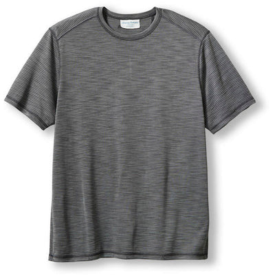 The Tommy Bahama Paradise Isles Tee is a short-sleeve, crew-neck shirt featuring thin horizontal gray and black stripes. Made by Tommy Bahama, this IslandZone moisture-wicking tee is shown laid flat on a white background.