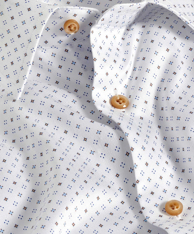 Close-up of the David Donahue Neat Diamond Dress Shirt TBSP11202 in white, showcasing a blue and brown geometric diamond print with light brown buttons.