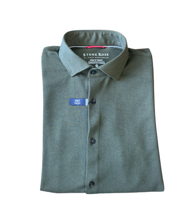 A folded Stone Rose LS T-Series 2K7T152 long sleeve shirt in muted green with a pointed collar, featuring DryTouch technology and labeled Stone Rose inside the collar.