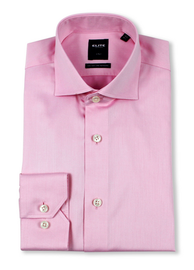 A neatly folded, long-sleeve, light pink dress shirt with white buttons and a classic collar, displayed on a white background.