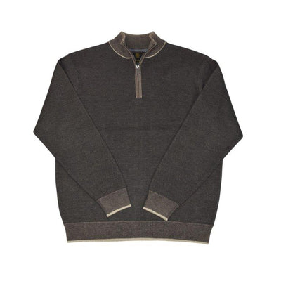 The F/X Fusion 1/4 Zip Sweater 10067 B&T is a dark gray men's sweater with light gray trim on the collar, cuffs, and hem, shown laid flat on a white background. This classic birdseye knit by F/X Fusion delivers style and comfort.