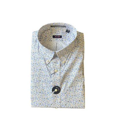 The Batton Brenden Big & Tall LS Sport Shirt 7154-99 by Batton features long sleeves and a blue and yellow floral stretch print, neatly folded and displayed on a white background—ideal for effortless summer comfort.