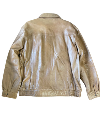 The Scully Lambskin Leather Jacket 978 by Scully is shown flat with the back facing up, highlighting its collar, buttoned cuffs, and elasticized waist—a timeless option in men’s outerwear.