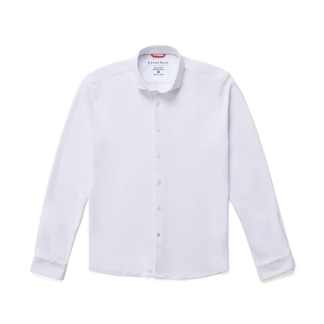 The Stone Rose ORIGIN Long Sleeve T-Series Sport Shirt is a white button-down that blends timeless elegance and versatility, showcased on a crisp white background.
