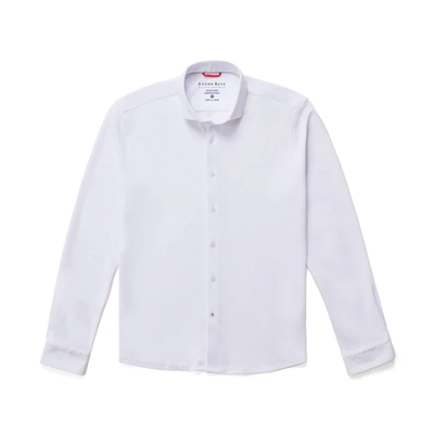The Stone Rose ORIGIN Long Sleeve T-Series Sport Shirt is a white button-down that blends timeless elegance and versatility, showcased on a crisp white background.