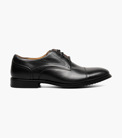 The Florsheim Rucci Plain Toe Oxford by Florsheim is a men's black leather dress shoe with laces, shown in side view on a white background.