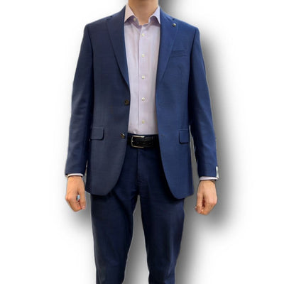 A person wearing a Jack Victor Sport Coat 161150 Big and Tall, tailored fit, white dress shirt, and black belt stands against a plain white background.