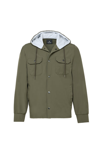 The Luchiano Visconti Visconti Hooded Jacket FUTS0P53 is an olive green, water-repellent Italian technical fabric jacket with snap buttons, two chest flap pockets, a drawstring hood, and ribbed cuffs.