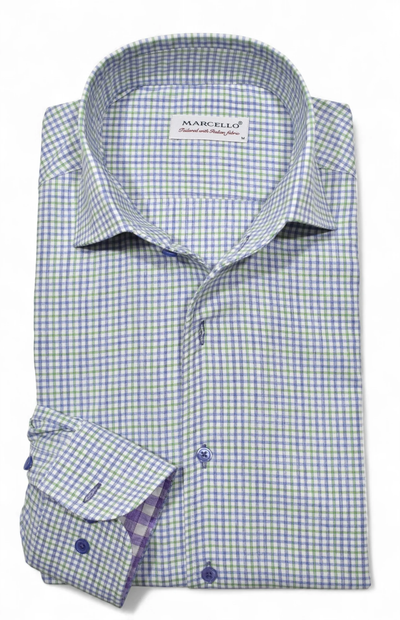 The Marcello OP Plum/Green Plaid Sport Shirt (DS122) features long sleeves, button cuffs, soft cotton fabric, and a Marcello label on the one-piece collar.