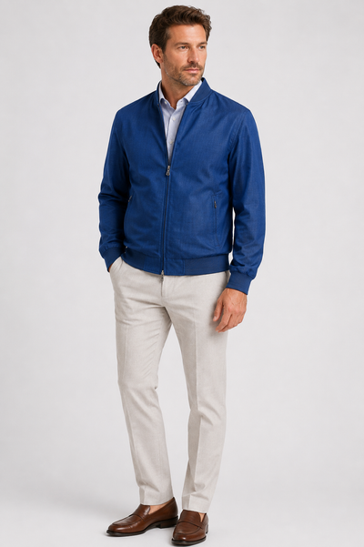 A man wearing the Enzo Amalfi Jacket—a blue lightweight bomber by Enzo—over a light-colored shirt, beige pants, and brown loafers, standing against a plain light background.