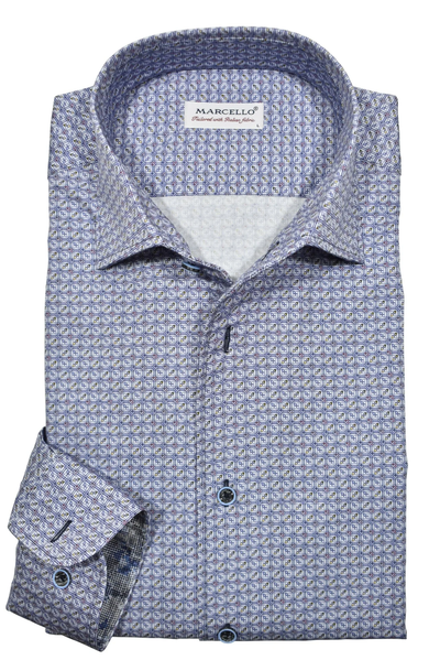 The Marcello Shirt Kirkland Abstract W-033R by Marcello is a men's cotton shirt with a blue and white geometric pattern, spread collar, and black buttons.