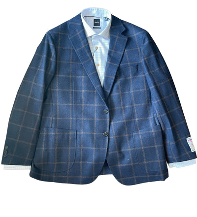 The Byron Luca Sport Coat Windowpane 9540 by Byron in blue plaid, featuring a modern fit and two front buttons, is shown over a light blue checkered dress shirt against a white background.