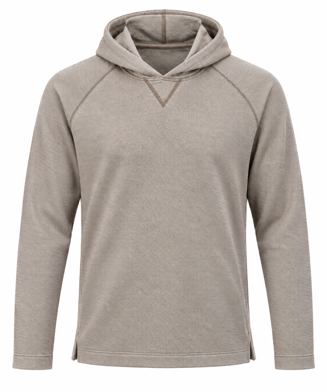 Johnnie-O Cotton Knit Hoodie Big & Tall by Johnnie-O, featuring a light brown color, long sleeves, hood, front v-stitch detail, and moisture-wicking fabric, displayed on a plain white background.